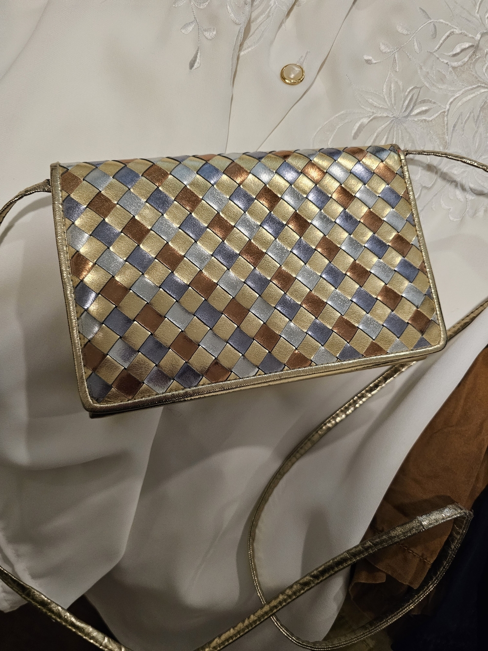 Woven Metallic Crossbody Bag - Gold, Silver, Brown